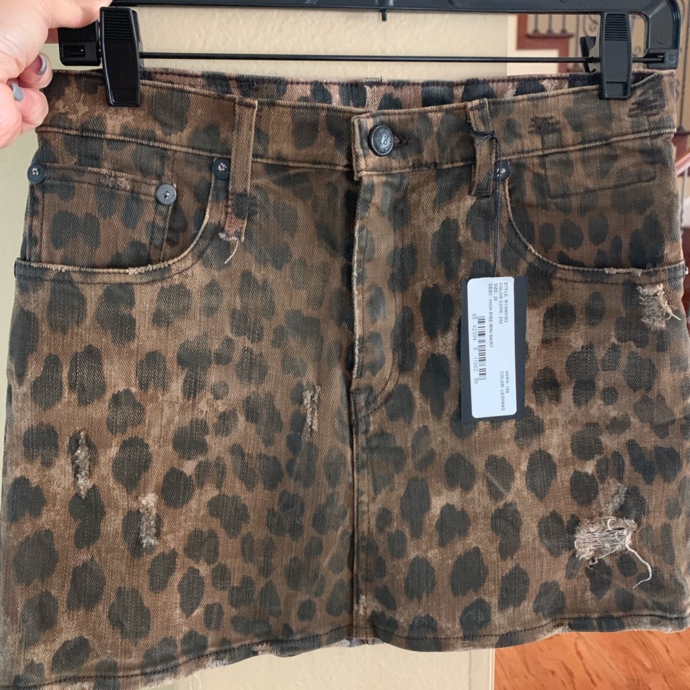 High Waste Leopard Print Distressed Denim Skirt